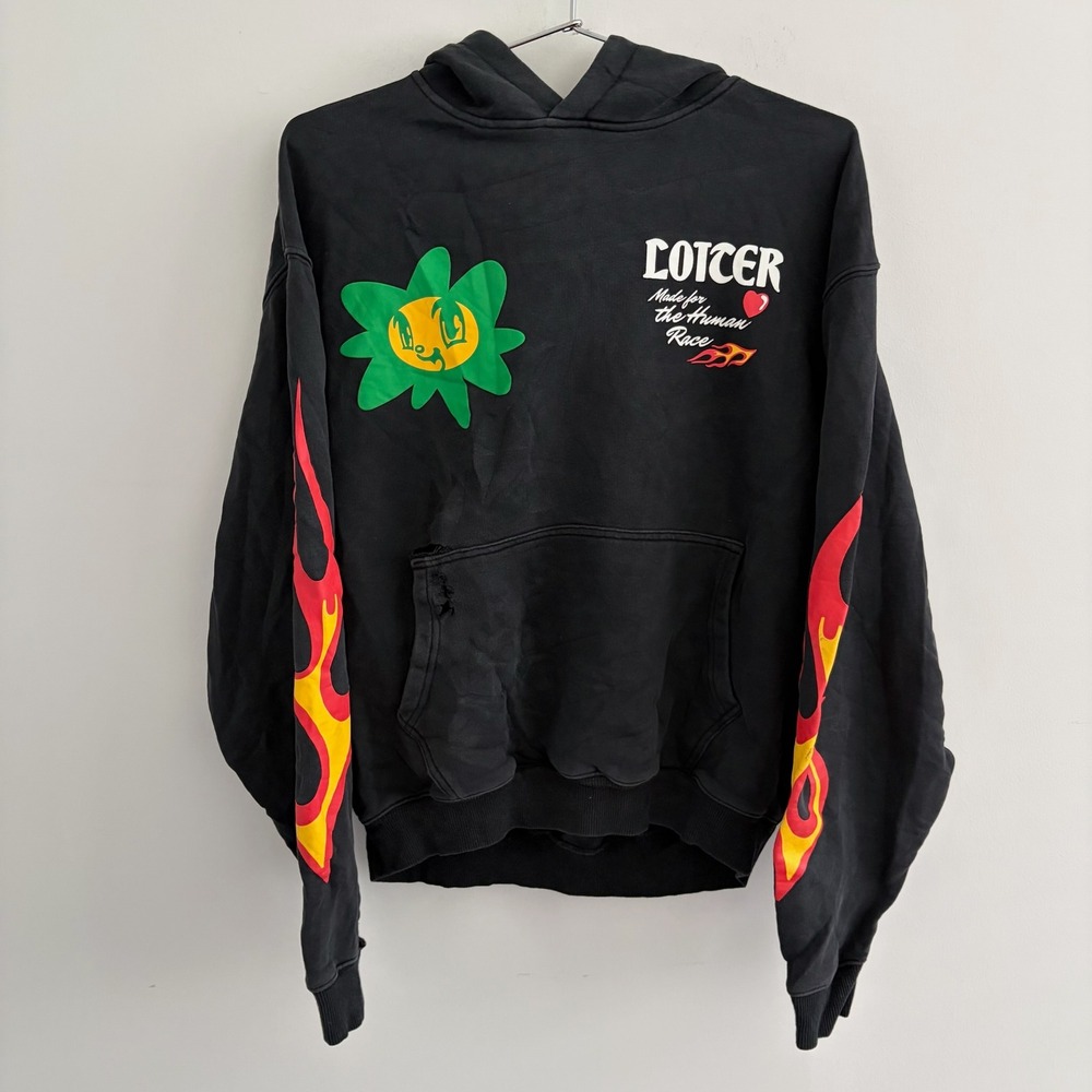 Loiter Made for the Human Race Black Graphic Hoodie Mens Medium Flame Sleeve